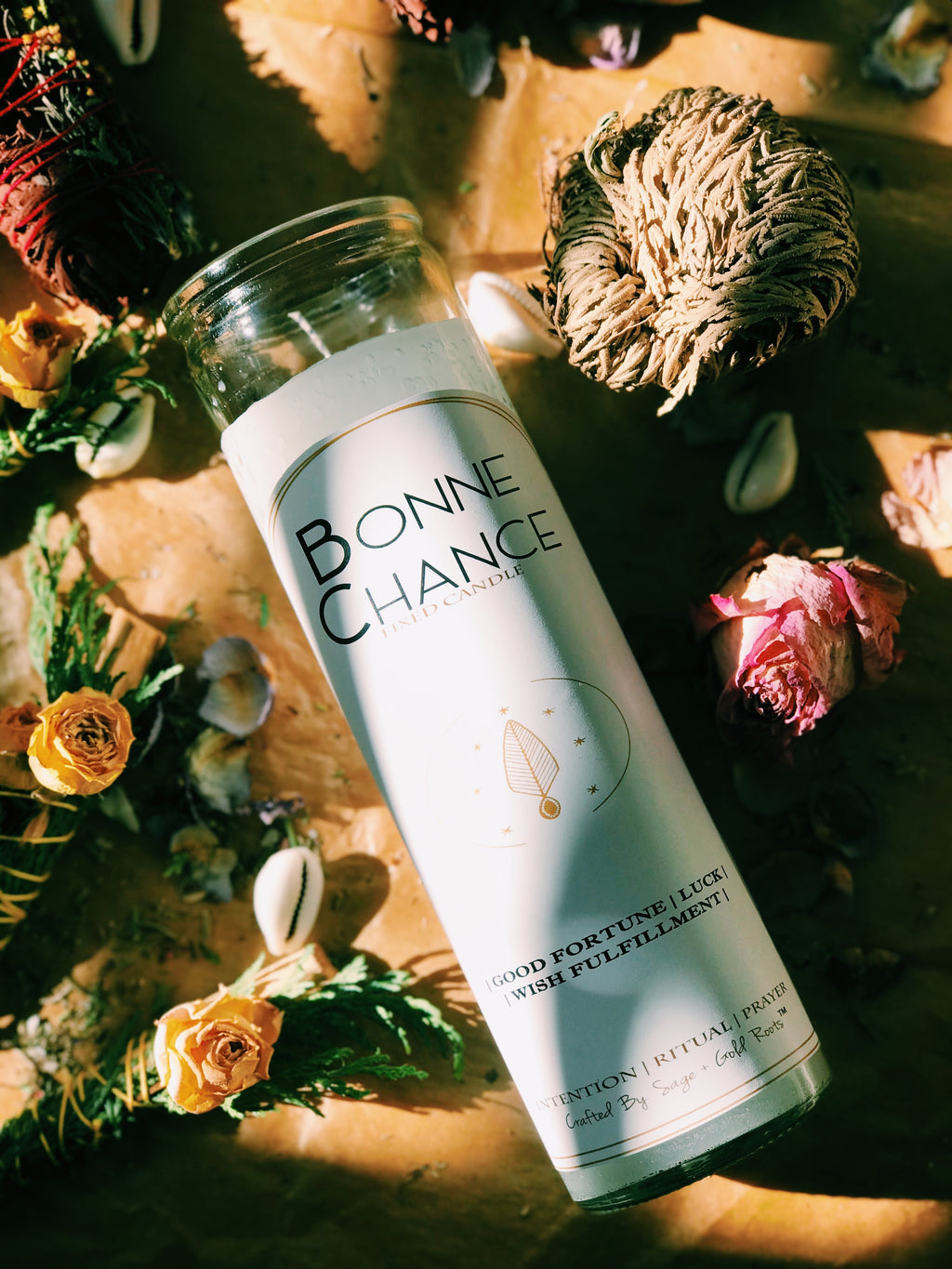 BONNE CHANCE | Good Fortune Conjure Fixed Candle -  Sage + Gold Roots