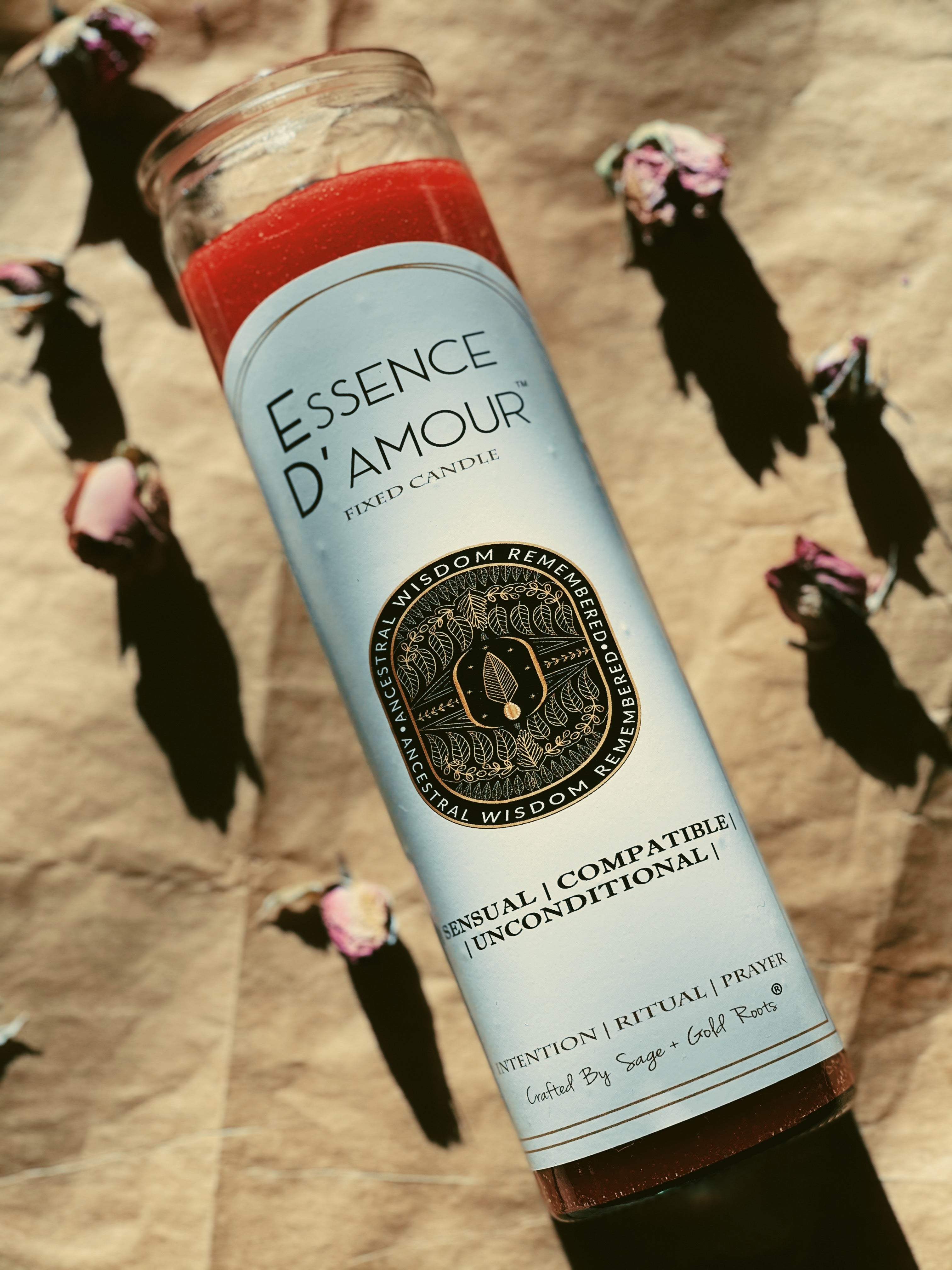 ESSENCE D’AMOUR | LOVE CONJURE RITUAL CANDLE  Sage + Gold Roots